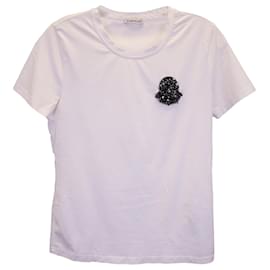 Moncler-T-shirt Moncler con Applicazione Logo Crystal in Cotone Bianco-Bianco