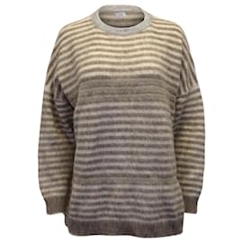 Brunello Cucinelli-Brunello Cucinelli Embellished Striped Brushed Knitted Sweater in Brown Print Wool Mohair-Other