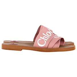 Chloé-Chloe Logo Ribbon Woody Flat Slide Sandals in Pink Canvas -Pink