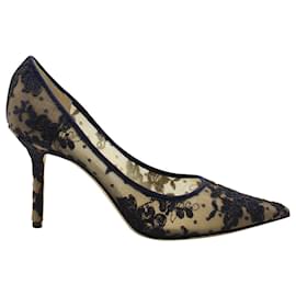 Jimmy Choo-Jimmy Choo Love Lace Pointed Toe Pumps in Navy Blue Leather-Blue,Navy blue