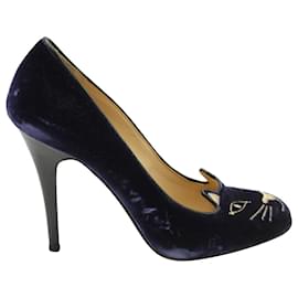 Charlotte Olympia-Zapatos de tacón Charlotte Olympia Kitty en terciopelo azul-Azul