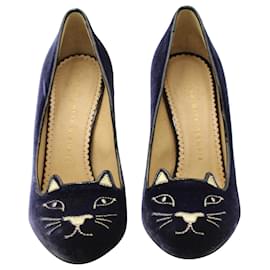 Charlotte Olympia-Charlotte Olympia Kitty Pumps in Blue Velvet-Blue