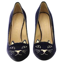 Charlotte Olympia-Escarpins Charlotte Olympia Kitty en velours bleu-Bleu