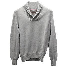 Gerippter V-Ausschnitt-Pullover von Brunello Cucinelli aus grauer Baumwolle  Grau