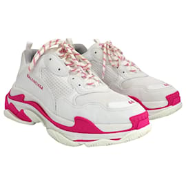 Balenciaga-Balenciaga Triple S Sneakers in rosa-weißem Leder-Weiß