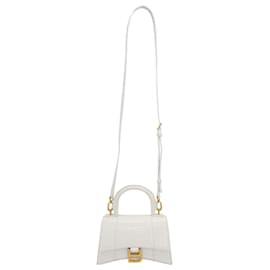 Balenciaga-Balenciaga XS Hourglass Handtasche mit Krokodileffekt aus weißem Kalbsleder. -Weiß