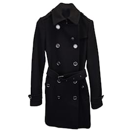 Burberry-Burberry Brit Belted Double-Breasted Trench Coat in Black Wool-Black