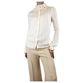 Saint Laurent-Camisa creme de seda listrada com babados - tamanho Reino Unido 8-Cru