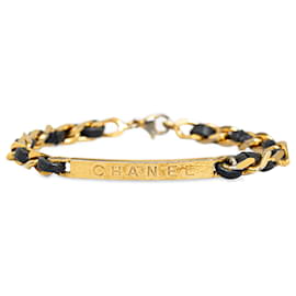 Chanel-Chanel Gold Leather Woven Chain Bracelet-Black,Golden