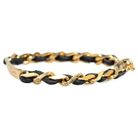 Chanel-Chanel Gold Leather Woven Chain Bracelet-Black,Golden