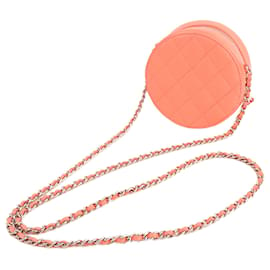Chanel-Chanel – Gesteppte, runde Caviar-Clutch mit Kette in Rosa-Pink