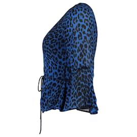 Ganni-Blusa Ganni Wrap em Viscose Azul Animal Print-Azul