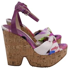 Jimmy Choo-Jimmy Choo Gleam Printed Cork Wedge Sandals in Purple Canvas-Purple