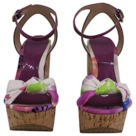 Jimmy Choo-Jimmy Choo Gleam Printed Cork Wedge Sandals in Purple Canvas-Purple