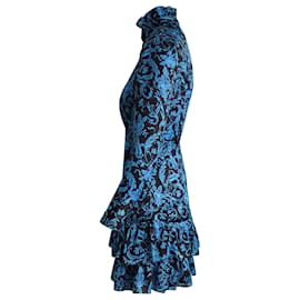 Sandro-Sandro Alna Tiered Botanical-Print Mini Dress in Blue Polyester -Blue