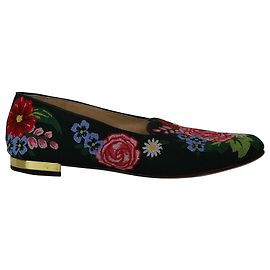 Sapatilhas bordadas florais Charlotte Olympia Rose Garden em tecido verde Outro Impressão em python