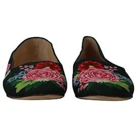 Charlotte Olympia-Charlotte Olympia Rose Garden Floral Embroidered Flats in Green Fabric-Other,Python print
