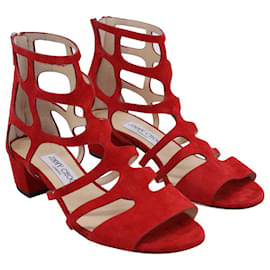 Jimmy Choo-Jimmy Choo Ren 35 Cutout Sandals in Red Suede-Red