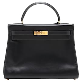Hermès-Schwarze Farbe 1994 Kelly 32 Tasche aus Boxcalf-Leder-Schwarz