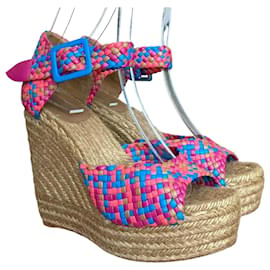 Hermès-Sandali con zeppa espadrillas HERMES in pelle intrecciata multicolore con cinturino alla caviglia, taglia 40.-Rosa,Blu