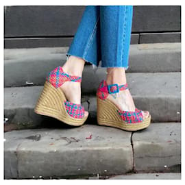 Hermès-HERMES Multicolor Braided Leather Ankle Strap Espadrille Wedges Sandals, Size 40-Pink,Blue