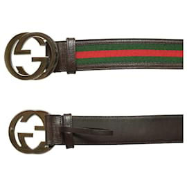 Gucci-Correa Gucci Web en verde y rojo con hebilla G entrelazada tamaño 85/34.-Castaño
