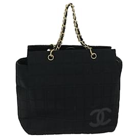 Chanel-CHANEL Choco Bar Chain Hand Bag Cotton Black CC Auth bs12465-Black