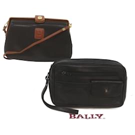 Bally-BALLY Clutch Shoulder Bag Leather 2Set Black Auth bs12075-Black
