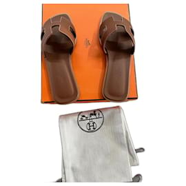 Hermès-Hermes Oran gold sandals-Brown