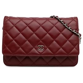 Chanel-Portefeuille en cuir d'agneau classique Chanel rouge sur sac à bandoulière chaîne-Rouge