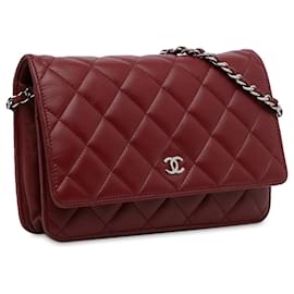 Chanel-Burgundy Chanel Classic Lambskin Wallet on Chain Crossbody Bag-Dark red