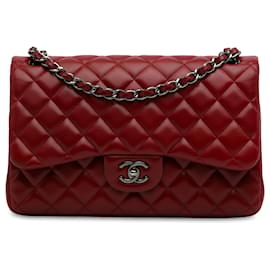 Chanel-Bolsa de ombro com aba Chanel Jumbo Classic vermelha forrada de pele de cordeiro-Vermelho