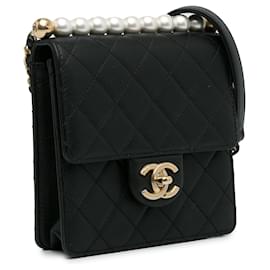 Chanel-Bolso bandolera con solapa y perlas pequeñas y elegantes de Chanel negro-Negro