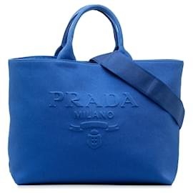 Prada-Mittelgroße blaue Prada-Umhängetasche aus Canvas mit Logo-Drill-Blau