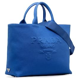 Prada-Mittelgroße blaue Prada-Umhängetasche aus Canvas mit Logo-Drill-Blau