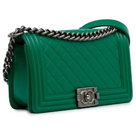 Chanel-Green Chanel Medium Lambskin Boy Flap Bag-Green