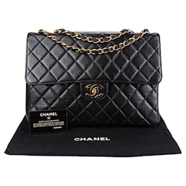 Chanel-Chanel Quilted Lambskin 24K Gold Single Flap Jumbo Crossbody Bag-Black