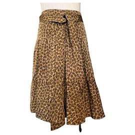Prada-Falda de línea A estampada de jaguar de PRADA a la rodilla, talla IT44.-Coñac