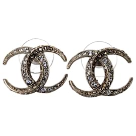 Chanel-Brincos CC B15C Logo Dubai Moon Crystal GHW com Caixa RARA-Dourado