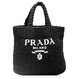 Prada-Prada Black Small Raffia Logo Tote-Black