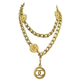 Chanel-CINTURA VINTAGE CHANEL LOGO CC T MEDAGLIONI95 COLLANA CON CINTURA IN METALLO DORATO-D'oro