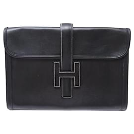 Hermès-VINTAGE HERMES JIGE ELAN HANDBAG 29 PM BOX BAG CLUTCH LEATHER POUCH-Black
