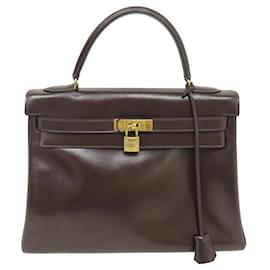 Hermès-VINTAGE HERMES KELLY HANDBAG 32 RETURNED LEATHER BOX BROWN HAND BAG PURSE-Brown