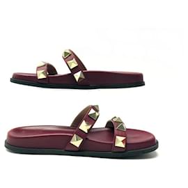 Valentino-VALENTINO ROCKSTUD NW SHOES2S0D99 36.5 BURGUNDY LEATHER MULES SANDALS-Dark red