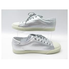 Céline-NEW CELINE BASKETS BLANK SHOES 400to10 39 SILVER CANVAS LEATHER SNEAKERS-Silvery