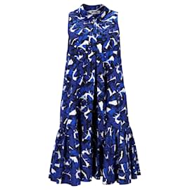 Msgm-M.S.g.M. Sleeveless Leaf Print Midi Dress in Blue Cotton-Other