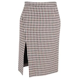 Maje-Maje Josselin Checked Asymmetric Slit Skirt in Brown Cotton and Wool-Brown
