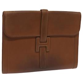 Hermès-HERMES Clutch Bag Leather Brown Auth bs12425-Brown