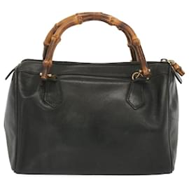 Gucci-GUCCI Bamboo Hand Bag Leather Black Auth 68168-Black