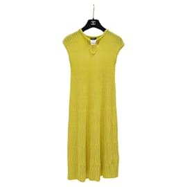 Chanel-CHANEL Yellow Textured Cotton Jacquard Knit Sleeveless Dress-Yellow